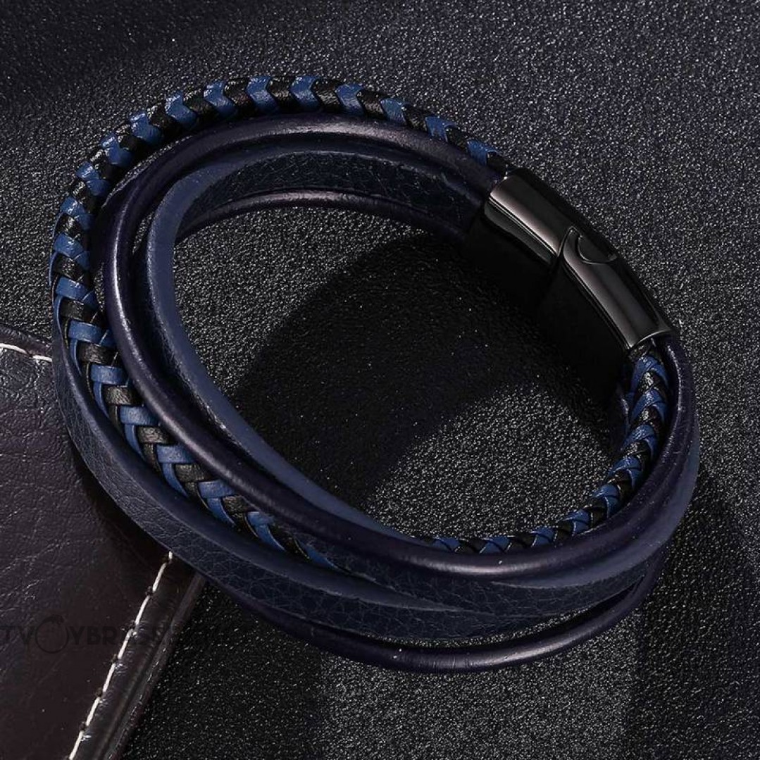 Браслет кожаный многослойный с магнитным замком синий с черным Твой Браслет LTH509